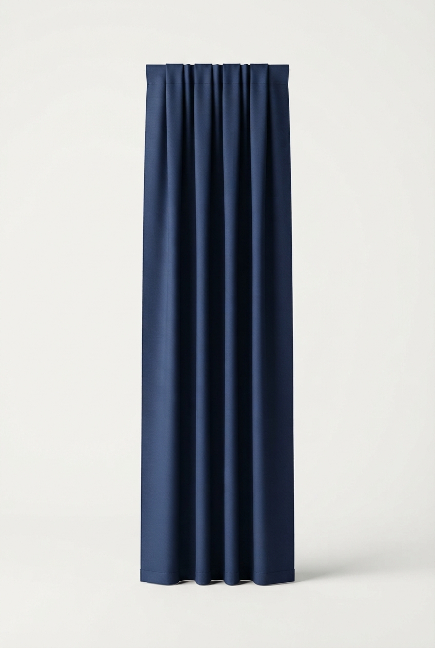 Navy thermal blackout curtain panel neatly hanging