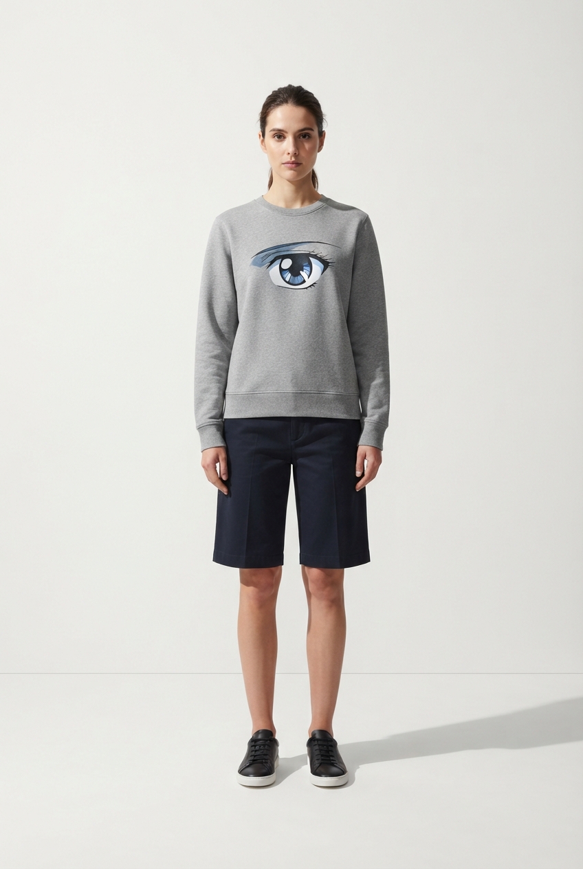 Outdoor sweatshirt with anime eye print worn by fully clothed model