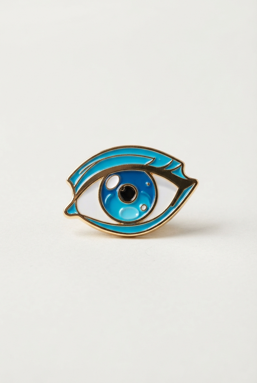 Anime eye enamel pin with vibrant blue enamel for outdoor wear