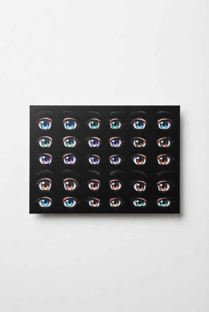 Sticker sheet with multiple anime eye designs for outdoor use