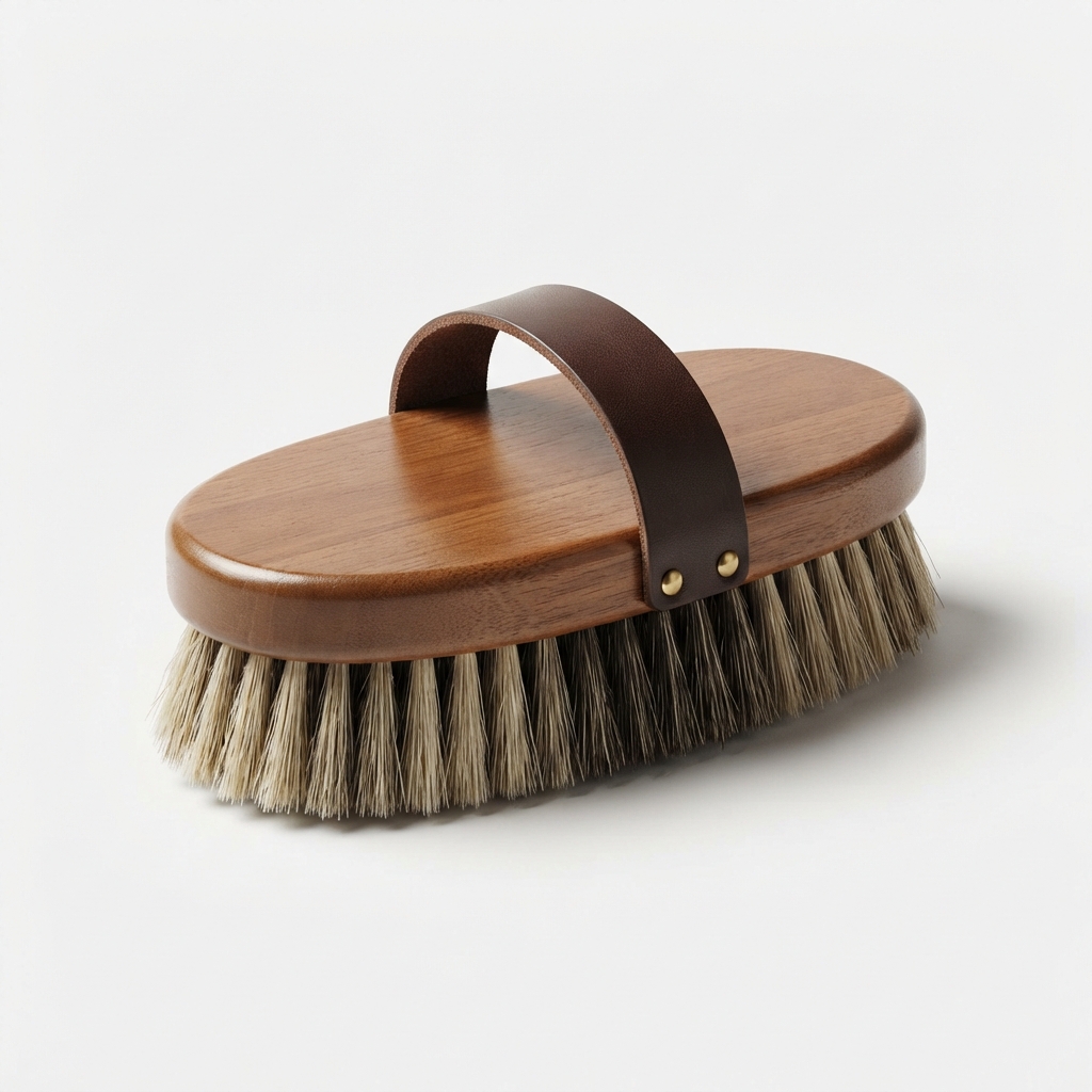 Minimalist horse grooming brush with wooden handle